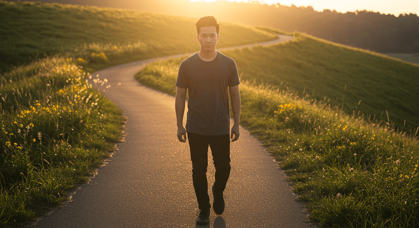 Homem caminhando em estrada ao pôr do sol, cercado por campo florido, transmitindo confiança e superação.