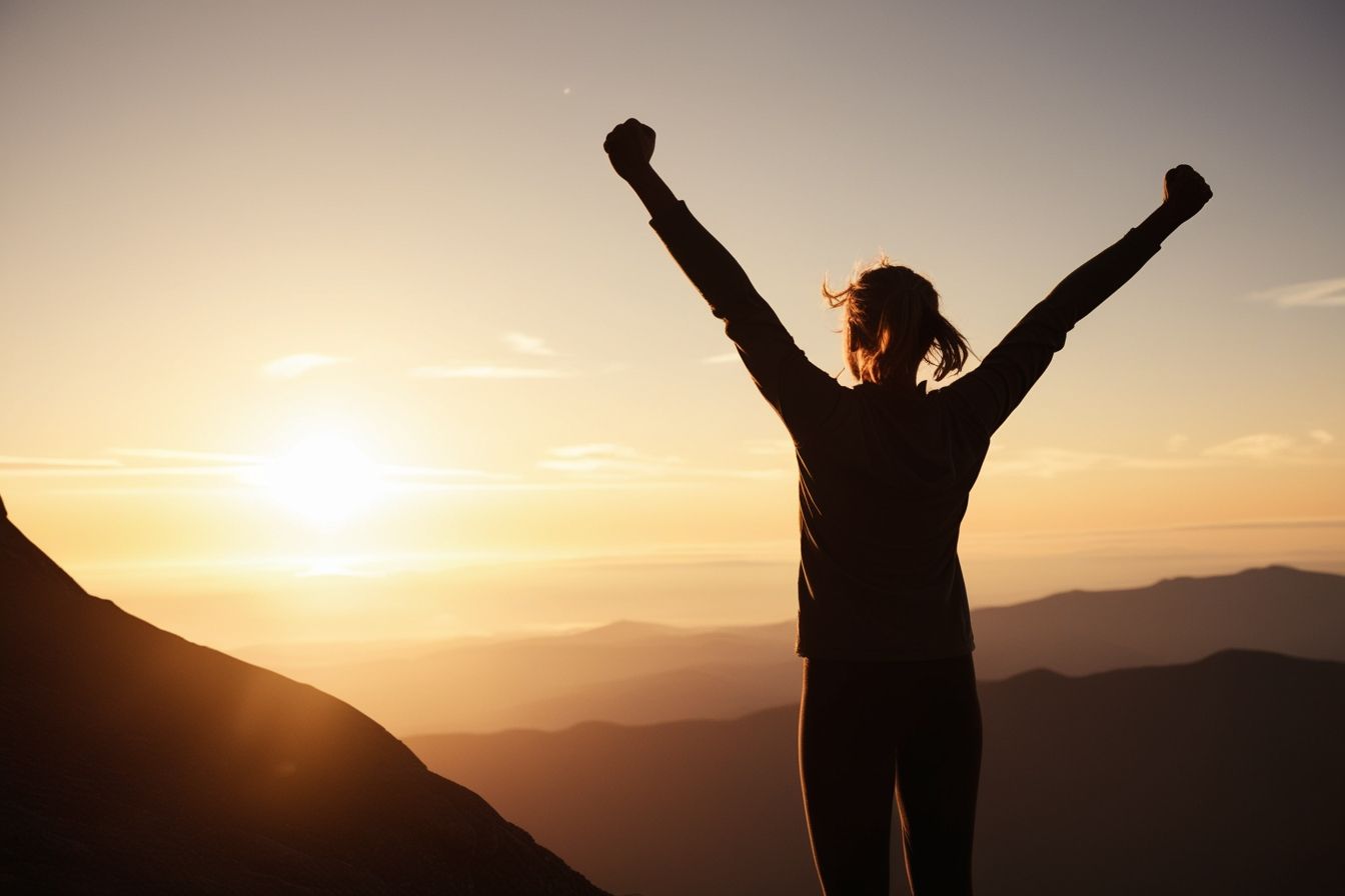 Silhueta de mulher no topo da montanha com braços erguidos ao nascer do sol, representando superação e liberdade emocional. Silhueta de mulher no topo da montanha com braços erguidos ao nascer do sol, representando superação e liberdade emocional.