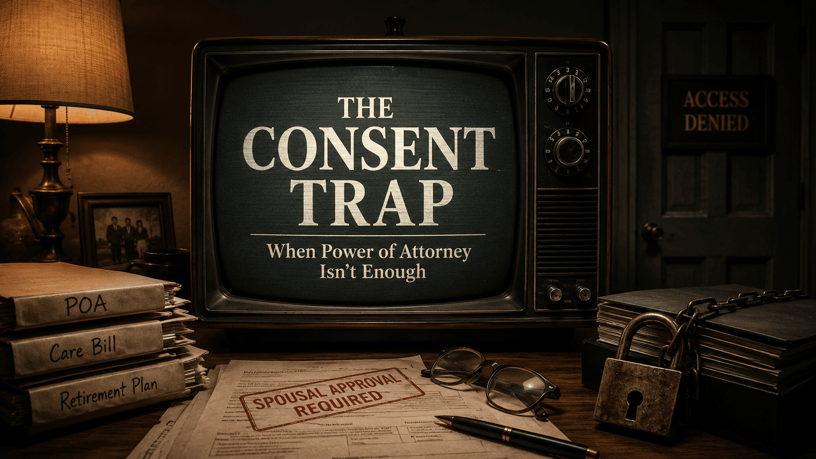 A moody vintage-style graphic showing an old television with the words “The Consent Trap: When Power of Attorney Isn’t Enough” on the screen. The scene includes stacked folders labeled POA, Care Bill, and Retirement Plan, a stamped document reading “Spousal Approval Required,” eyeglasses, a pen, a locked file box with a chain, and a dark door marked “Access Denied.”