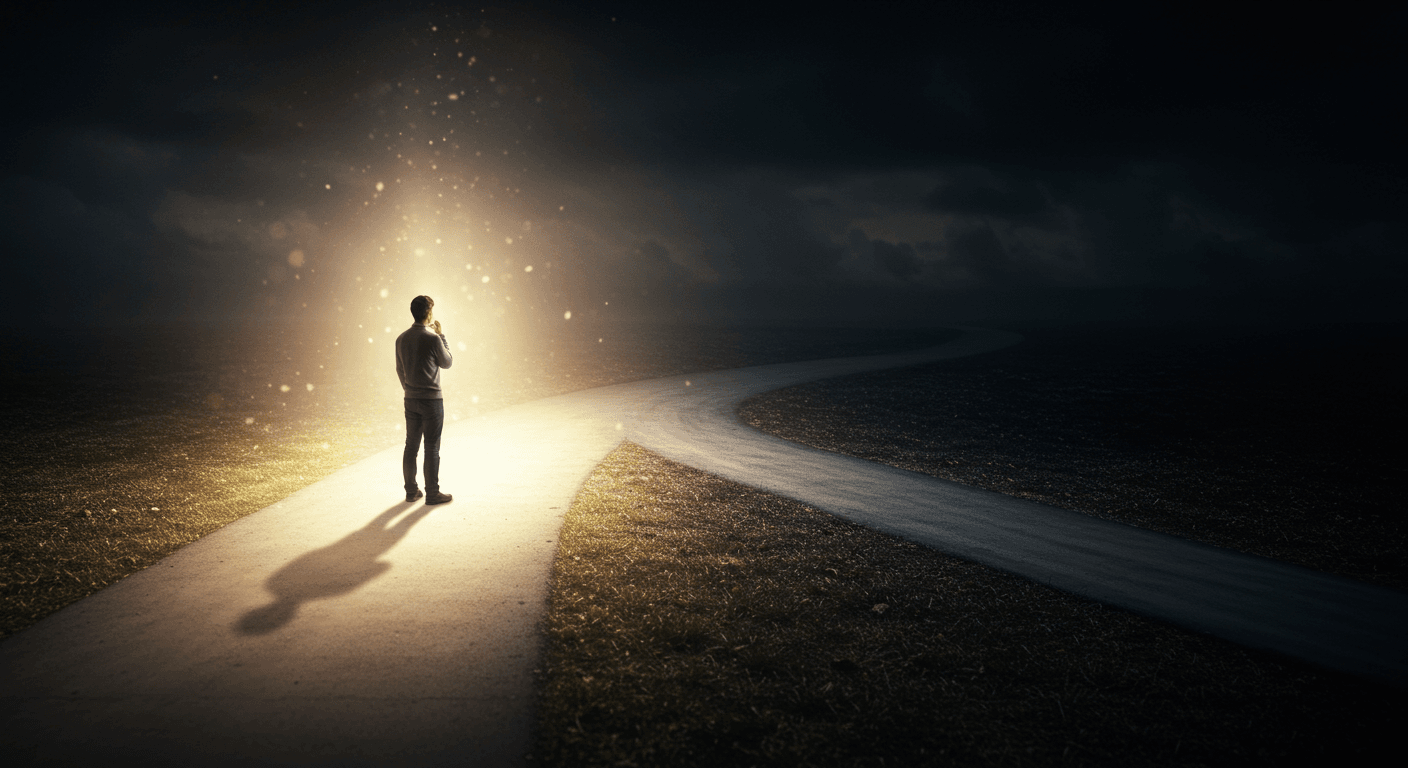 Um homem em pé em uma encruzilhada, diante de um caminho iluminado em contraste com a escuridão ao redor, representando escolhas importantes na vida e nos relacionamentos.