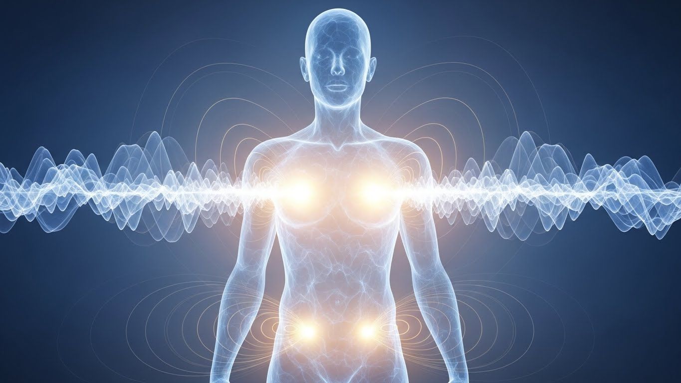 Silhueta humana translúcida com quatro pontos brilhantes no corpo e ondas energéticas atravessando o tórax e abdômen, simbolizando padrões internos. Silhueta humana translúcida com quatro pontos brilhantes no corpo e ondas energéticas atravessando o tórax e abdômen, simbolizando padrões internos.