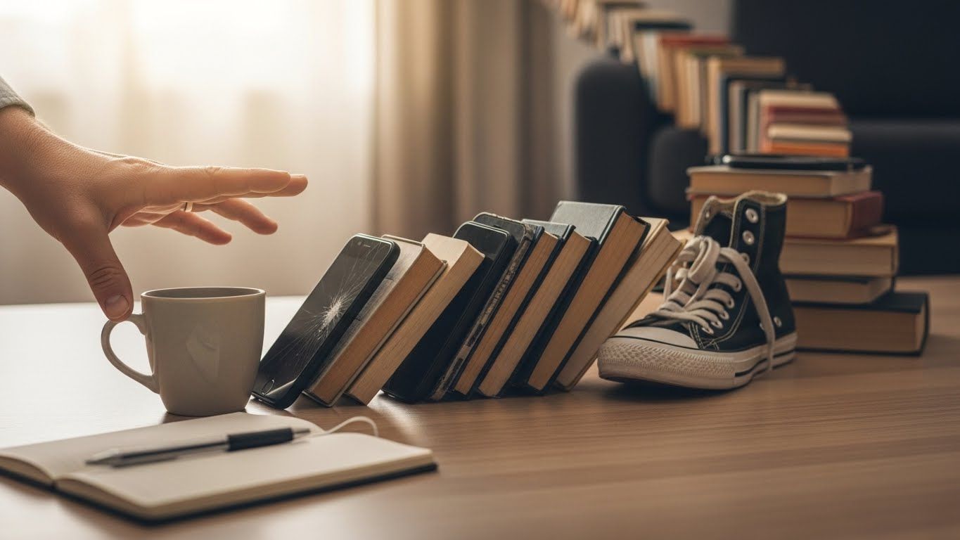 Mão prestes a tocar uma xícara que inicia um efeito dominó entre objetos do cotidiano, representando como pequenas escolhas geram grandes mudanças no comportamento e na energia.