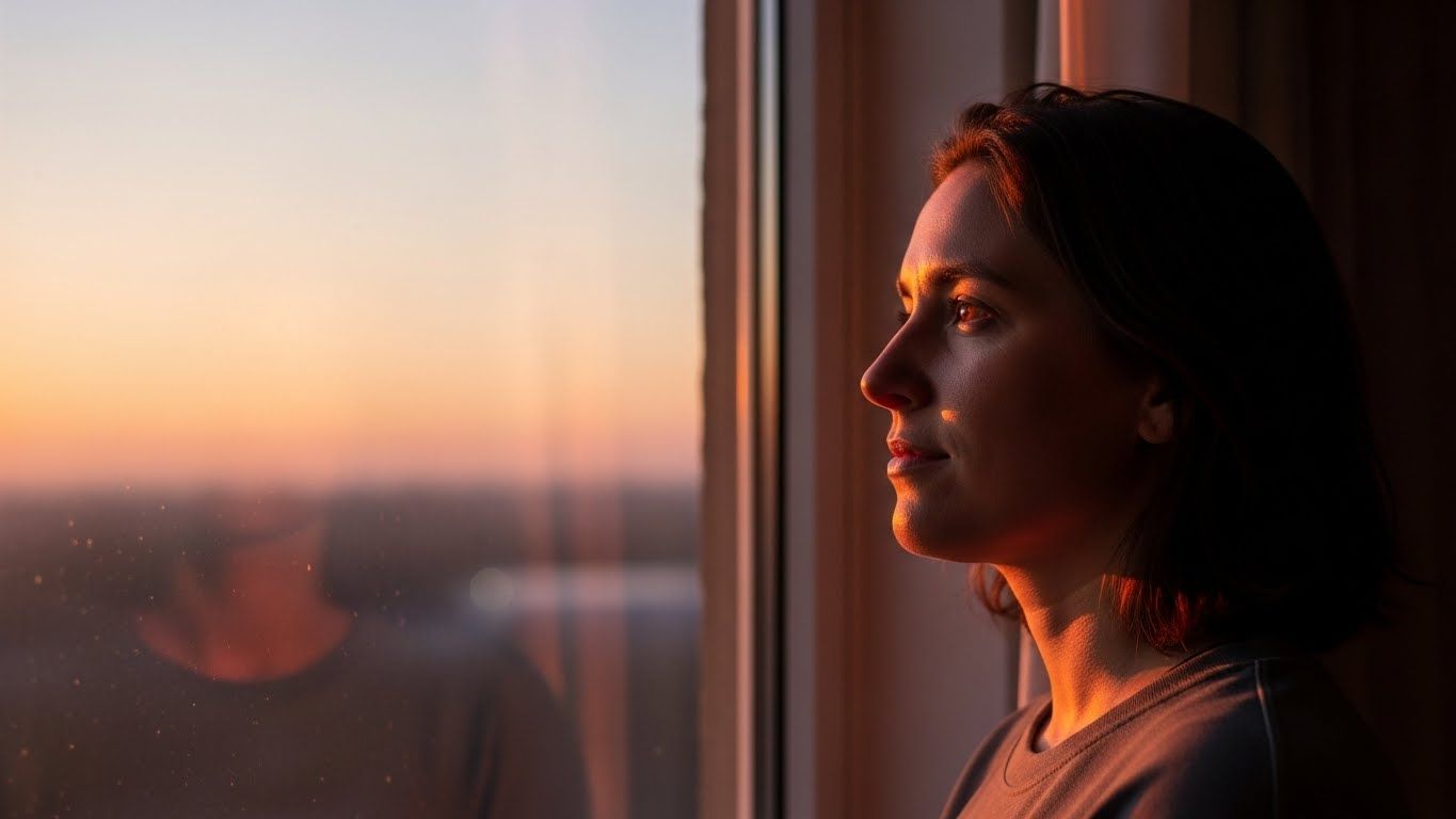Mulher em perfil olhando pela janela ao pôr do sol, luz dourada iluminando o rosto,