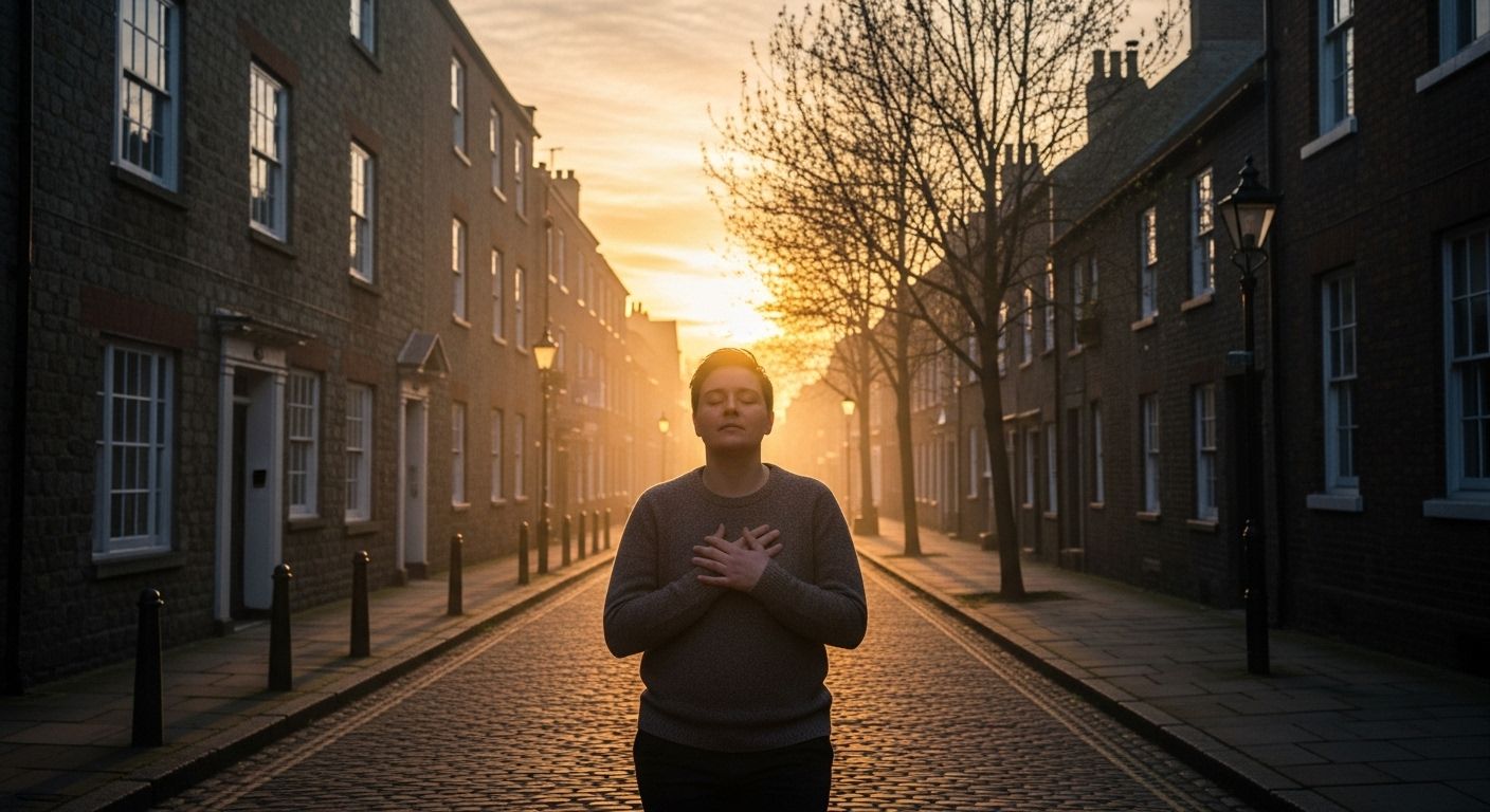 Pessoa em uma rua vazia ao nascer do sol, mãos sobre o peito e olhos fechados, simbolizando equilíbrio e alinhamento interior.