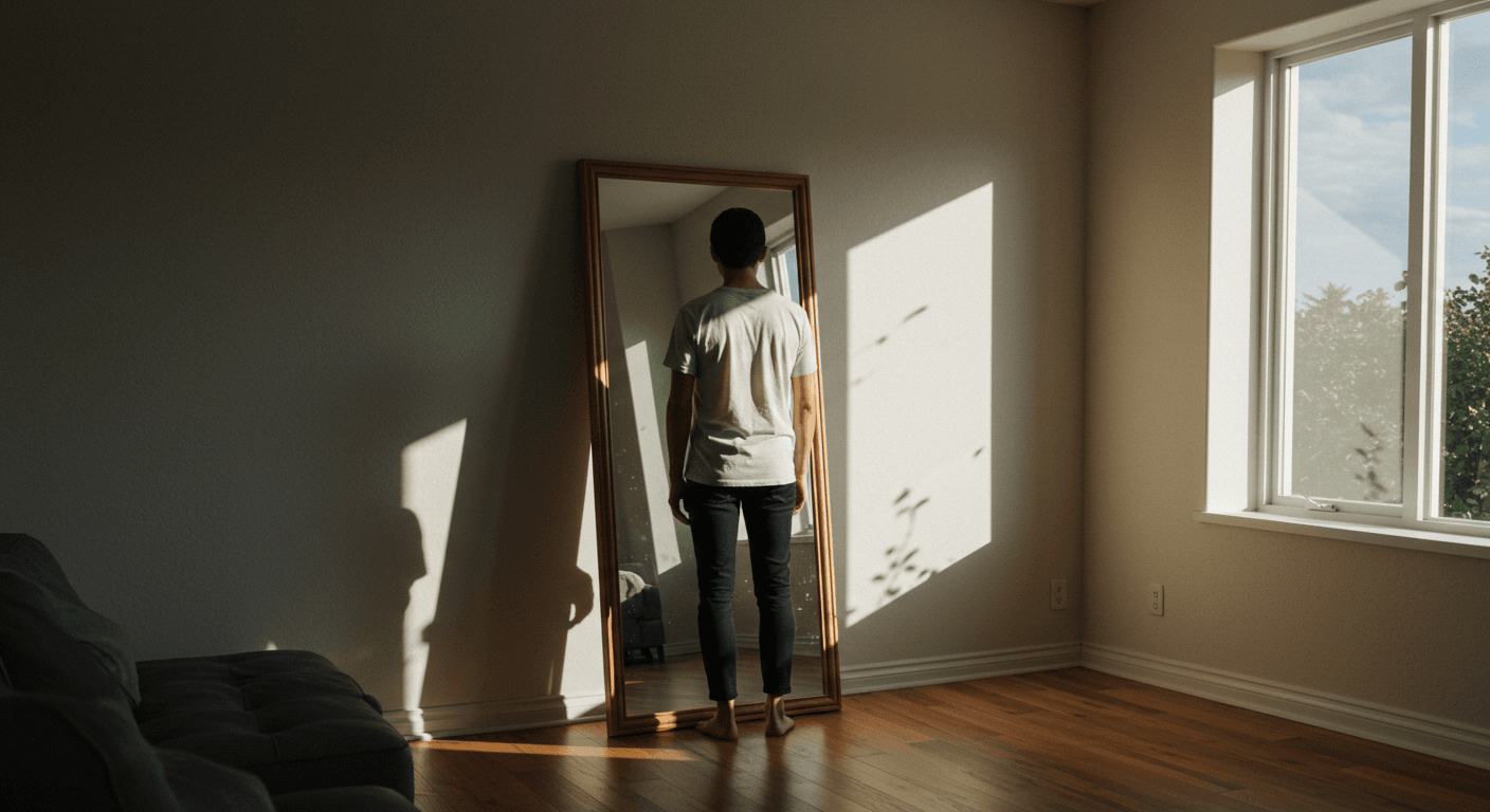 Homem em pé diante de um espelho, tentando encontrar seu reflexo em um quarto iluminado pelo sol. Cena simbólica de transformação e autoconhecimento. Homem em pé diante de um espelho, tentando encontrar seu reflexo em um quarto iluminado pelo sol. Cena simbólica de transformação e autoconhecimento.