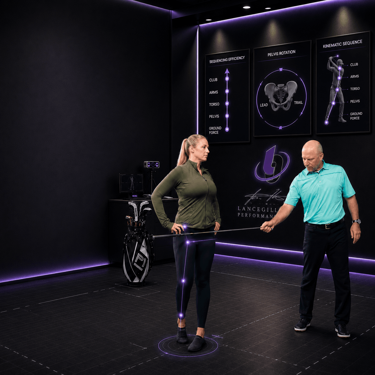 Golf performance coach evaluating lower-body rotation and sequencing during a golf physical assessment, demonstrating how pelvic rotation and force transfer influence power and consistency in the golf swing.