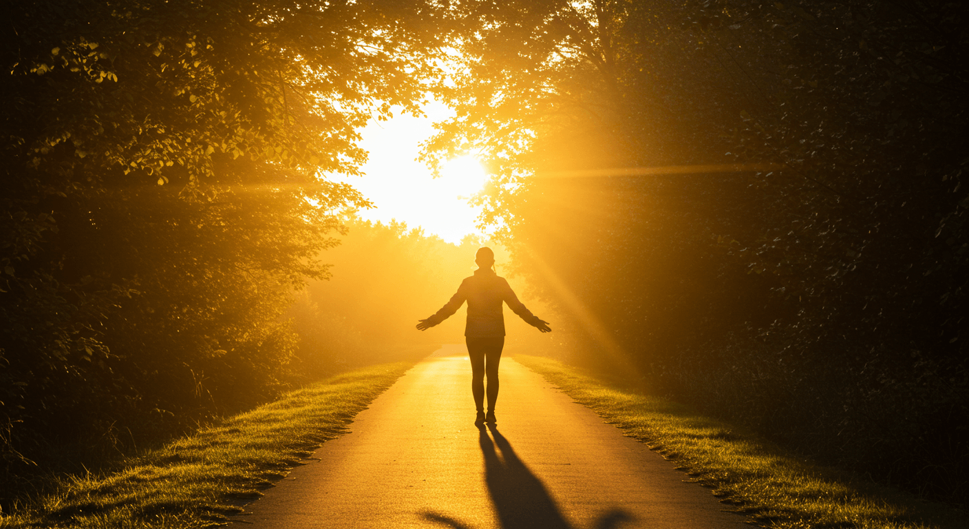 Pessoa caminhando em estrada iluminada pelo nascer do sol, simbolizando esperança, novos começos e transformação interior.