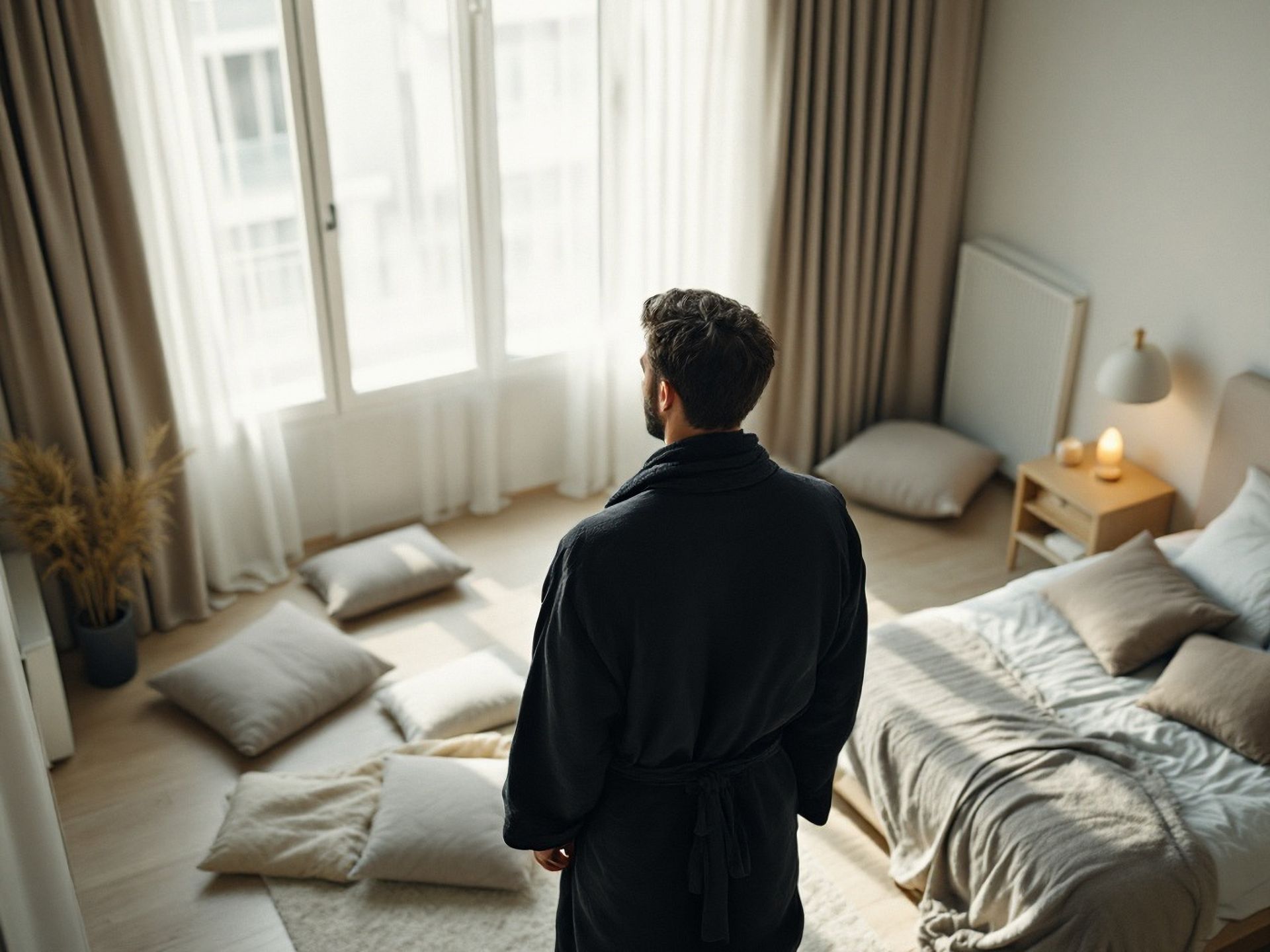 30 something man in a blue house robe standing in a bedroom, next to an unmade bed, staring out the window in contemplation