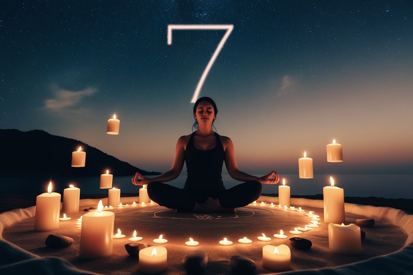 Mulher meditando em círculo de velas sob o céu estrelado, com o número 7 brilhando acima. Cena simboliza introspecção, silêncio e conexão interior.