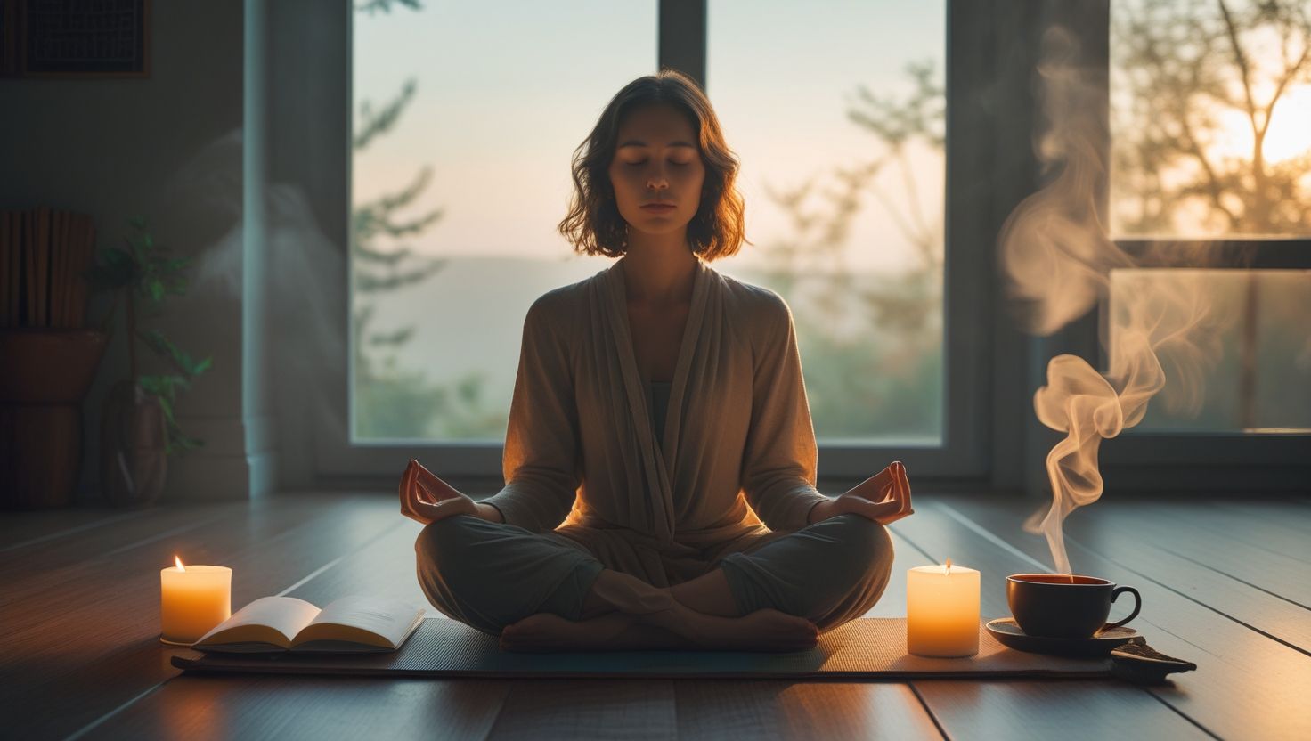 Mulher meditando em ambiente calmo com vela acesa, chá e caderno abertos, simbolizando reconexão interior e autocuidado consciente. Mulher meditando em ambiente calmo com vela acesa, chá e caderno abertos, simbolizando reconexão interior e autocuidado consciente.