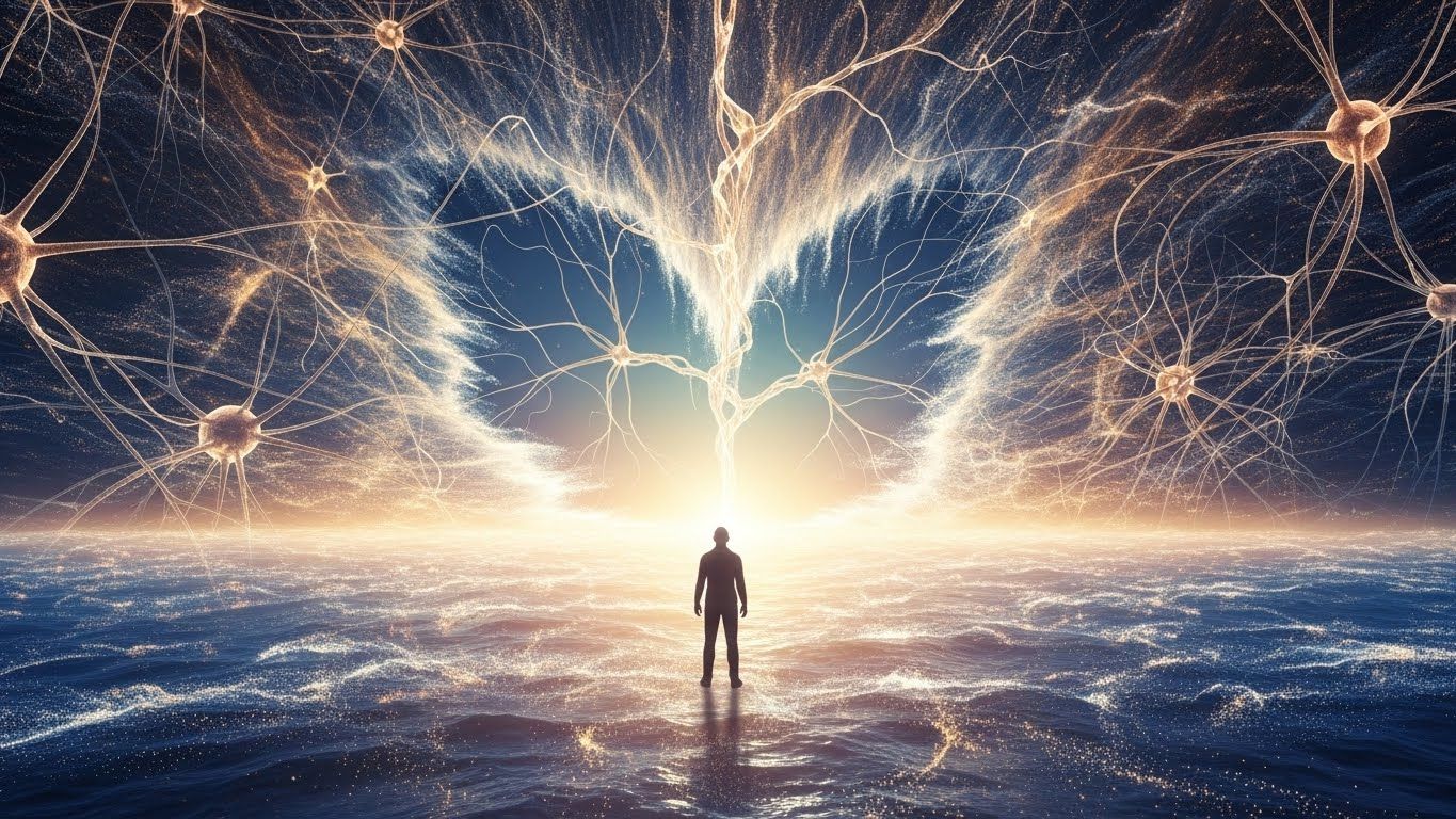 Silhueta humana diante de um mar aberto feito de luz e partículas, com redes neurais no céu, representando decisão, travessia interna, reprogramação mental e conexão entre fé e consciência.