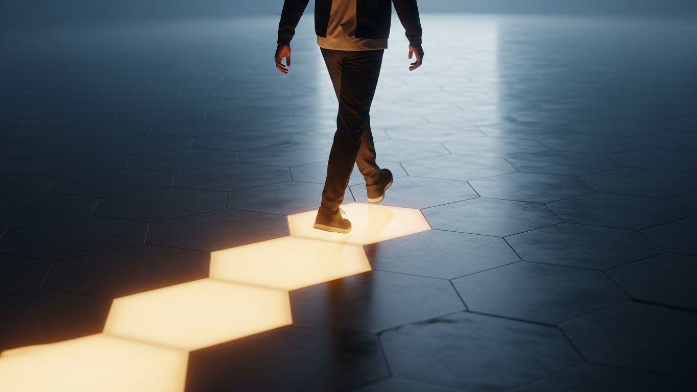 Pessoa caminhando sobre um caminho de hexágonos iluminados que acendem a cada passo, em ambiente escuro e minimalista.