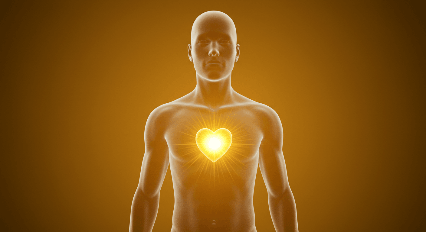 Figura humana transparente com coração dourado brilhante no peito, representando consciência emocional e verdadeira força interior.