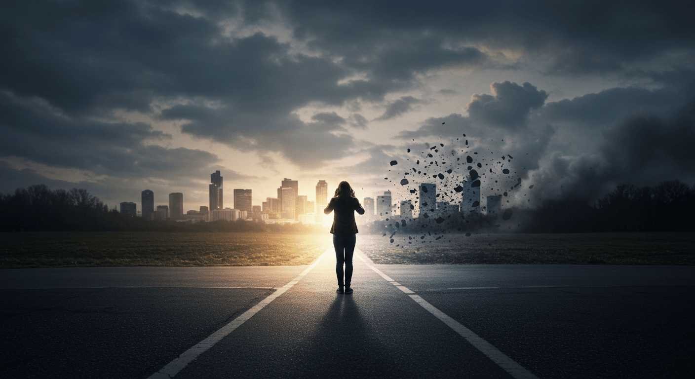 Pessoa diante de duas escolhas, com uma cidade ao fundo e um caminho desmoronando, simbolizando decisões impulsivas e suas consequências.