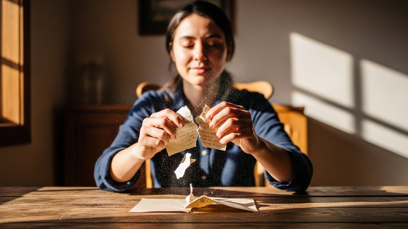 Mulher rasgando uma carta antiga com expressão de alívio, simbolizando desapego, cura do passado e o ato de liberar mágoas profundas.