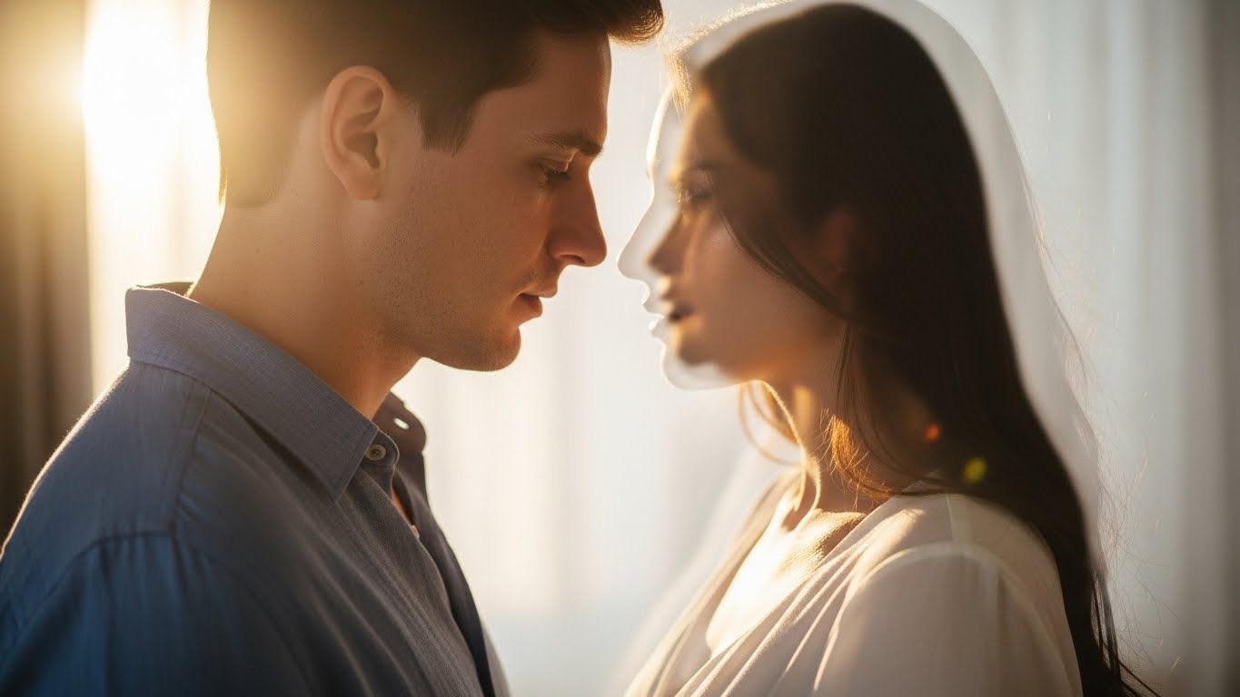 Casal frente a frente, iluminado pela luz do entardecer, enquanto a imagem da mulher aparece duplicada, simbolizando conflito interno e perda de identidade no relacionamento.