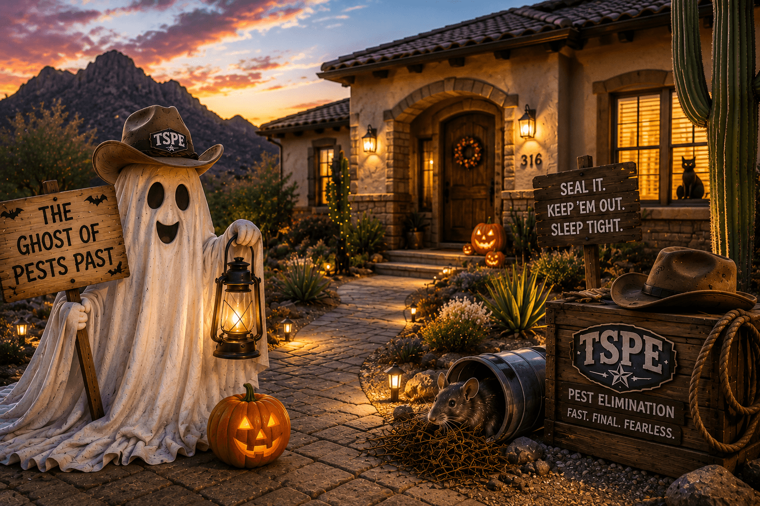 Playful Halloween scene at a North Phoenix desert home featuring a friendly cowboy ghost, glowing jack-o’-lanterns, a pack rat emerging near the landscaping, and a black cat watching from the window, illustrating “The Ghost of Pests Past” and preparing homes for winter rodents.