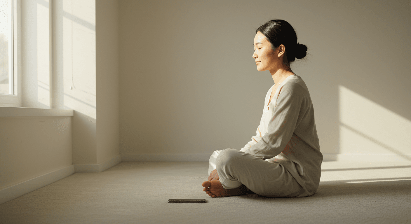 Mulher sentada no chão de um ambiente minimalista, em meditação silenciosa, com o celular desligado ao lado.