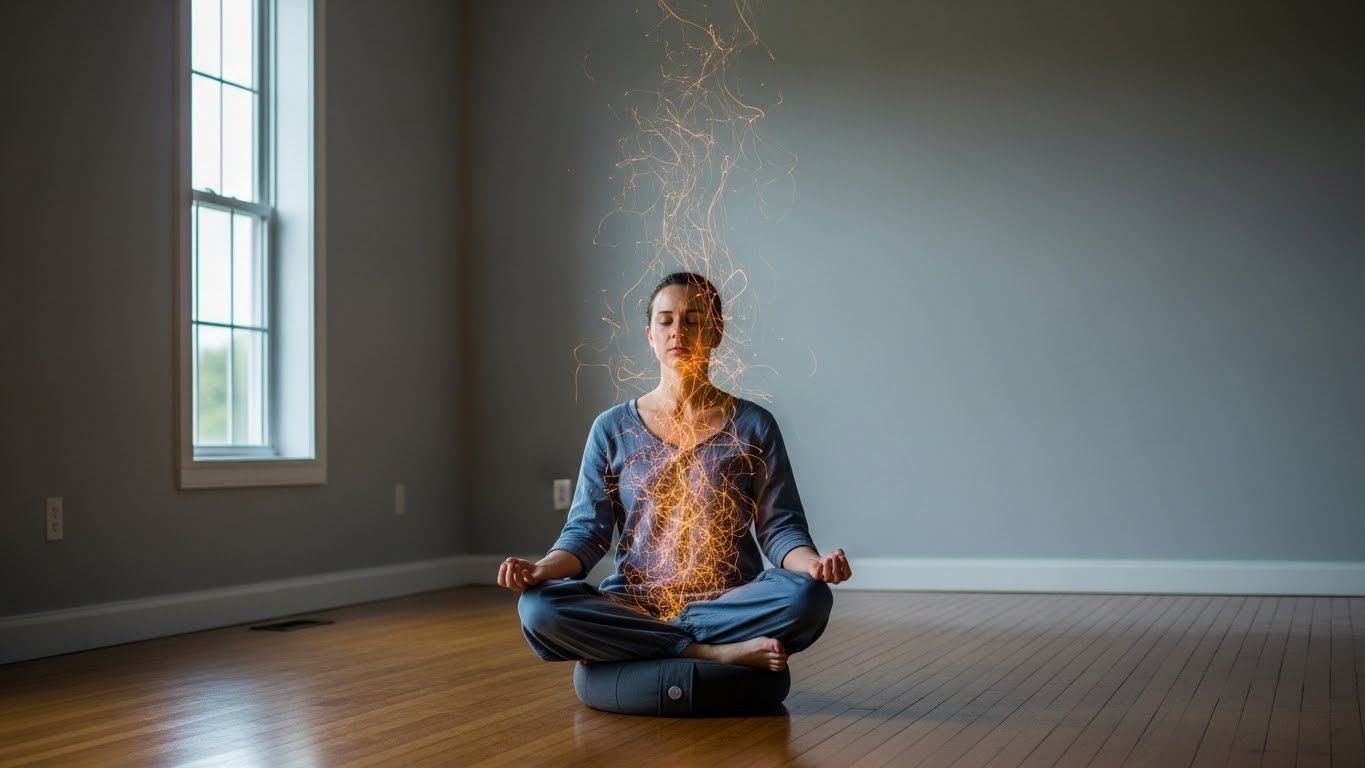 Mulher sentada em posição de meditação em um cômodo vazio, com fios luminosos subindo do peito em direção ao ar, representando liberação emocional. Mulher sentada em posição de meditação em um cômodo vazio, com fios luminosos subindo do peito em direção ao ar, representando liberação emocional.
