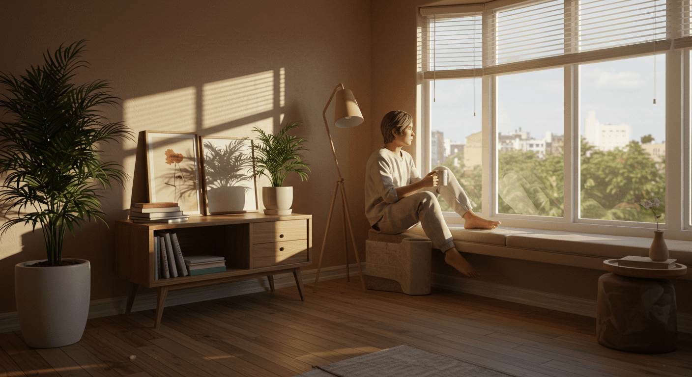 Pessoa sentada à janela com xícara de café, em sala iluminada pelo sol, cercada por plantas e decoração minimalista. Pessoa sentada à janela com xícara de café, em sala iluminada pelo sol, cercada por plantas e decoração minimalista.