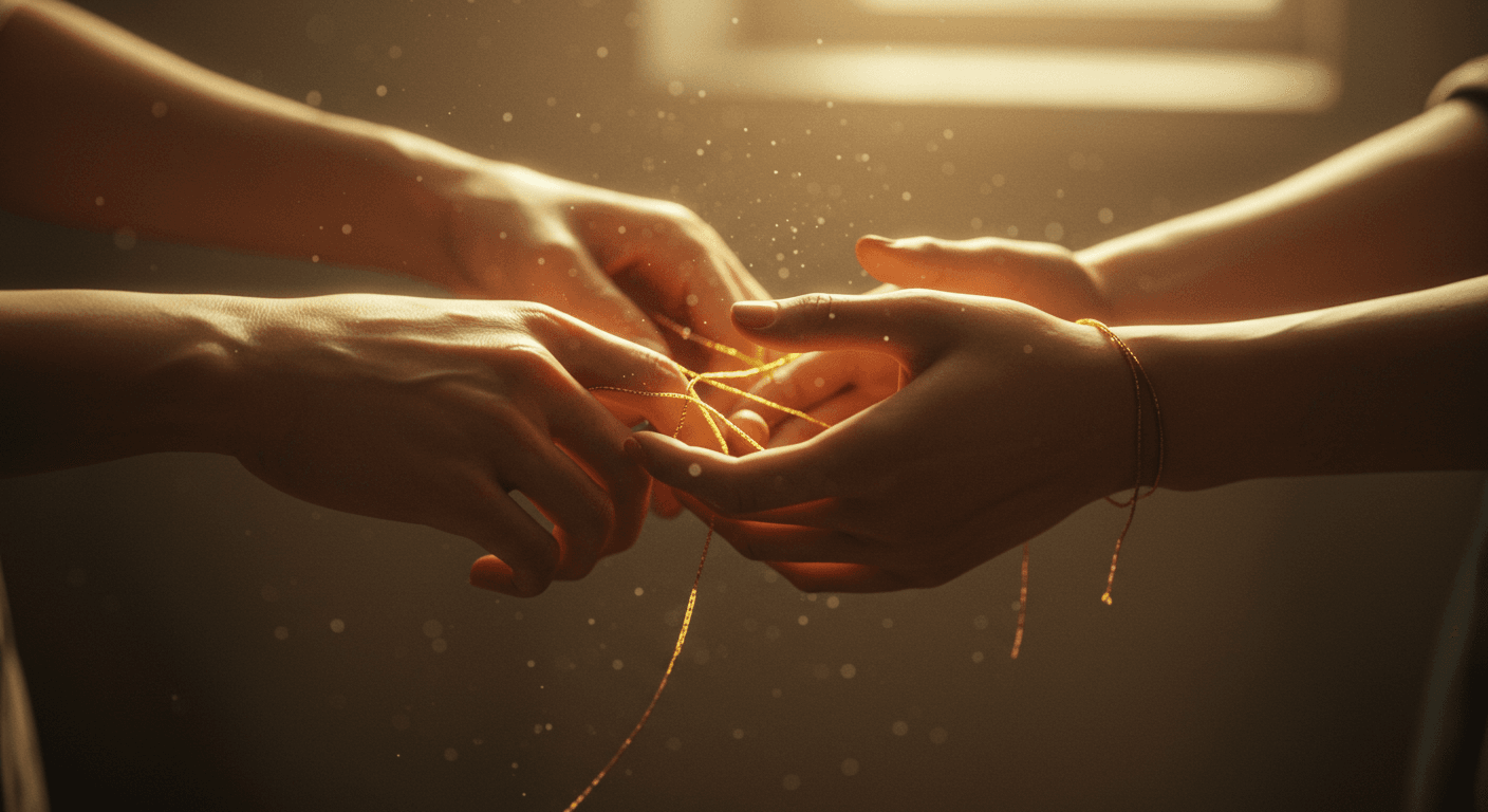 Duas mãos entrelaçadas por um fio dourado iluminado, simbolizando laços e promessas inconscientes.