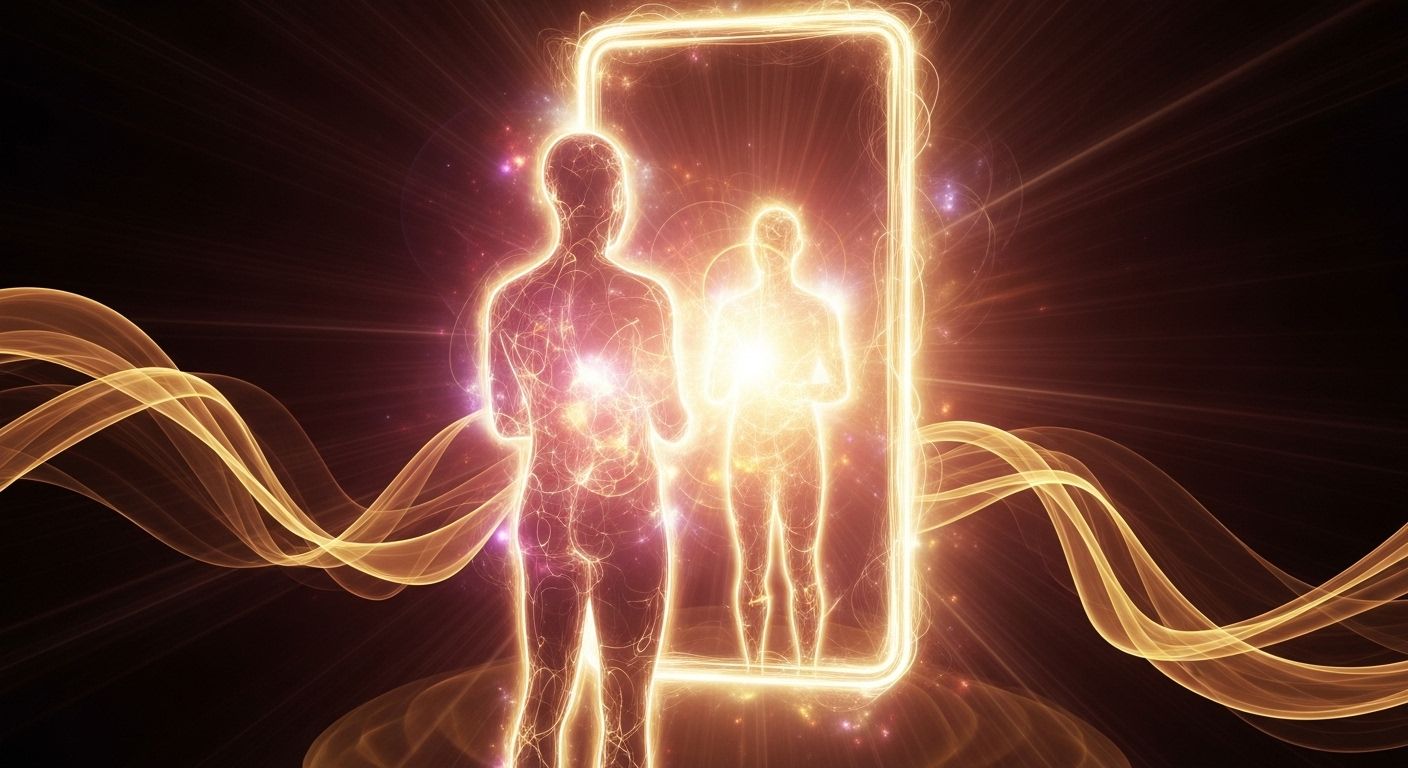 Silhueta humana diante de espelho luminoso com energia dourada e rosada, representando cura emocional e autoconhecimento através dos vínculos. Silhueta humana diante de espelho luminoso com energia dourada e rosada, representando cura emocional e autoconhecimento através dos vínculos.