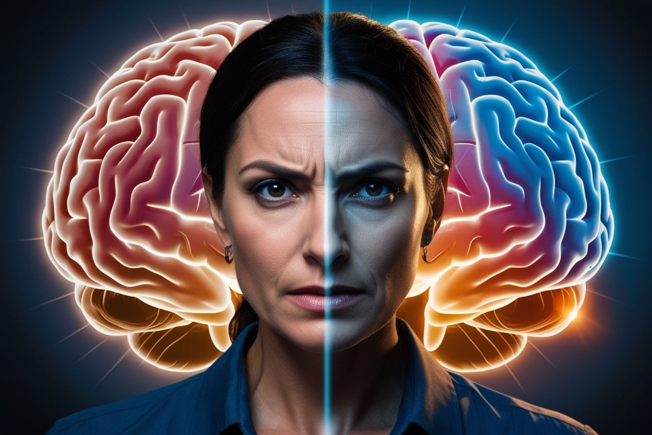 Rosto de mulher dividido entre expressão calma e ansiosa, com dois cérebros ao fundo destacando a amígdala e o córtex cerebral iluminados em cores diferentes.