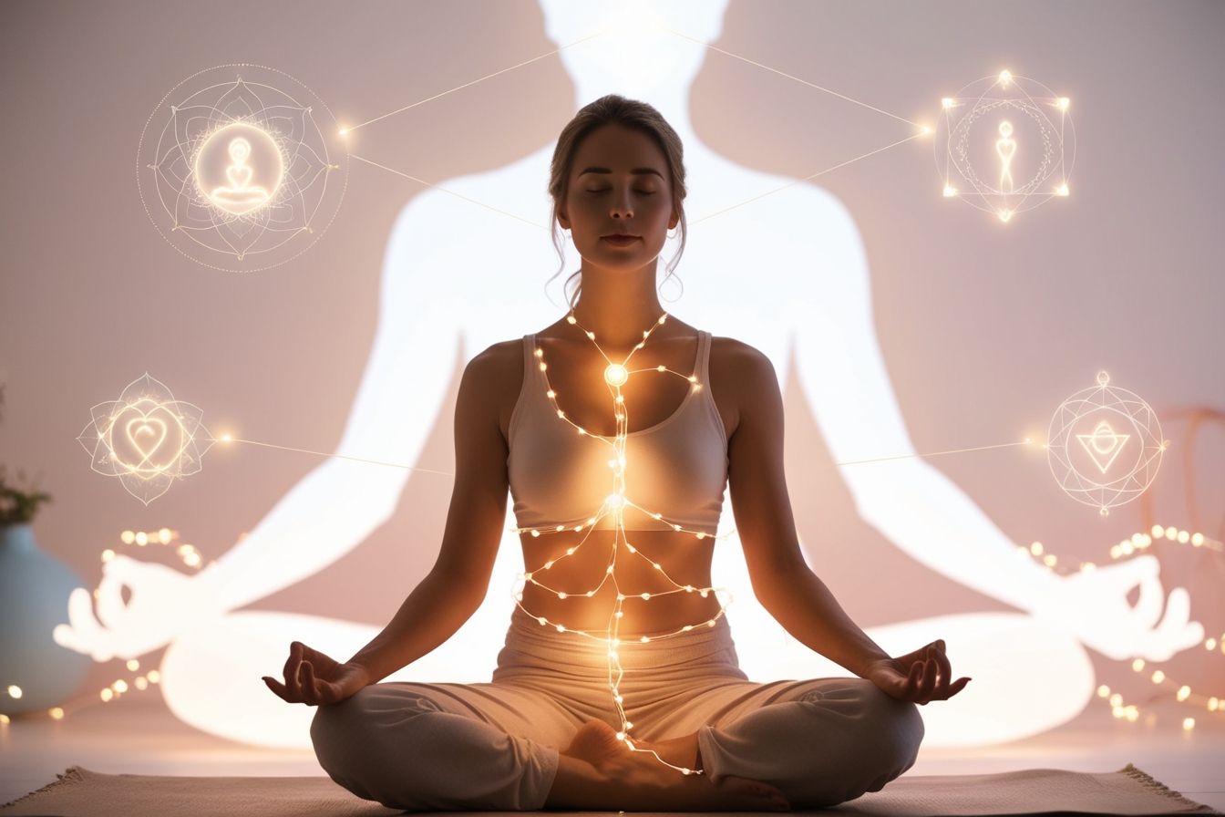Mulher meditando com luzes conectando coração, mente e corpo, à frente de uma silhueta luminosa. Representa autoconhecimento, cura emocional e sabedoria interior. Mulher meditando com luzes conectando coração, mente e corpo, à frente de uma silhueta luminosa. Representa autoconhecimento, cura emocional e sabedoria interior.