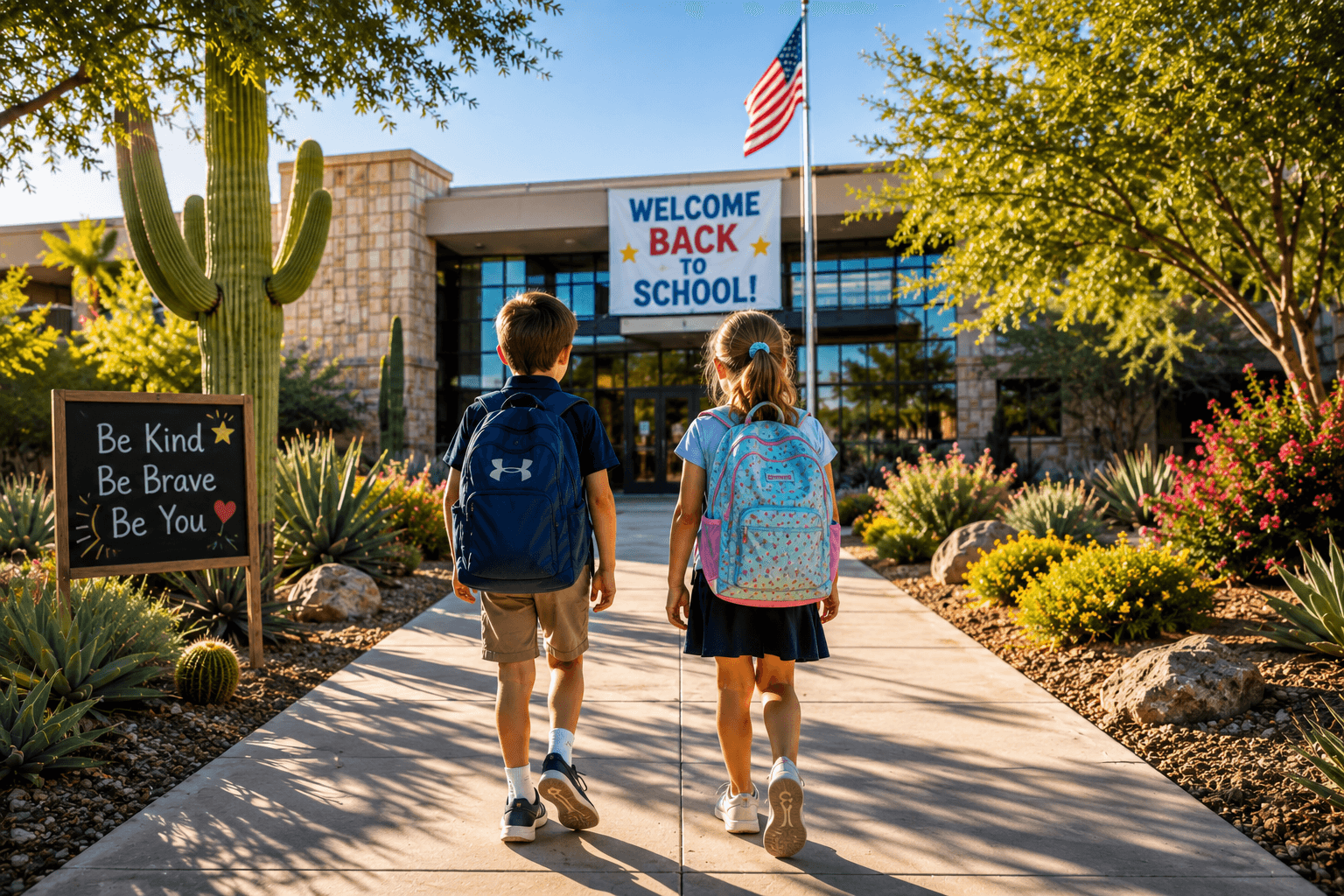 North Phoenix children wearing backpacks walk toward school on a sunny Arizona morning, surrounded by Sonoran Desert landscaping and a welcoming back-to-school setting. North Phoenix children wearing backpacks walk toward school on a sunny Arizona morning, surrounded by Sonoran Desert landscaping and a welcoming back-to-school setting.