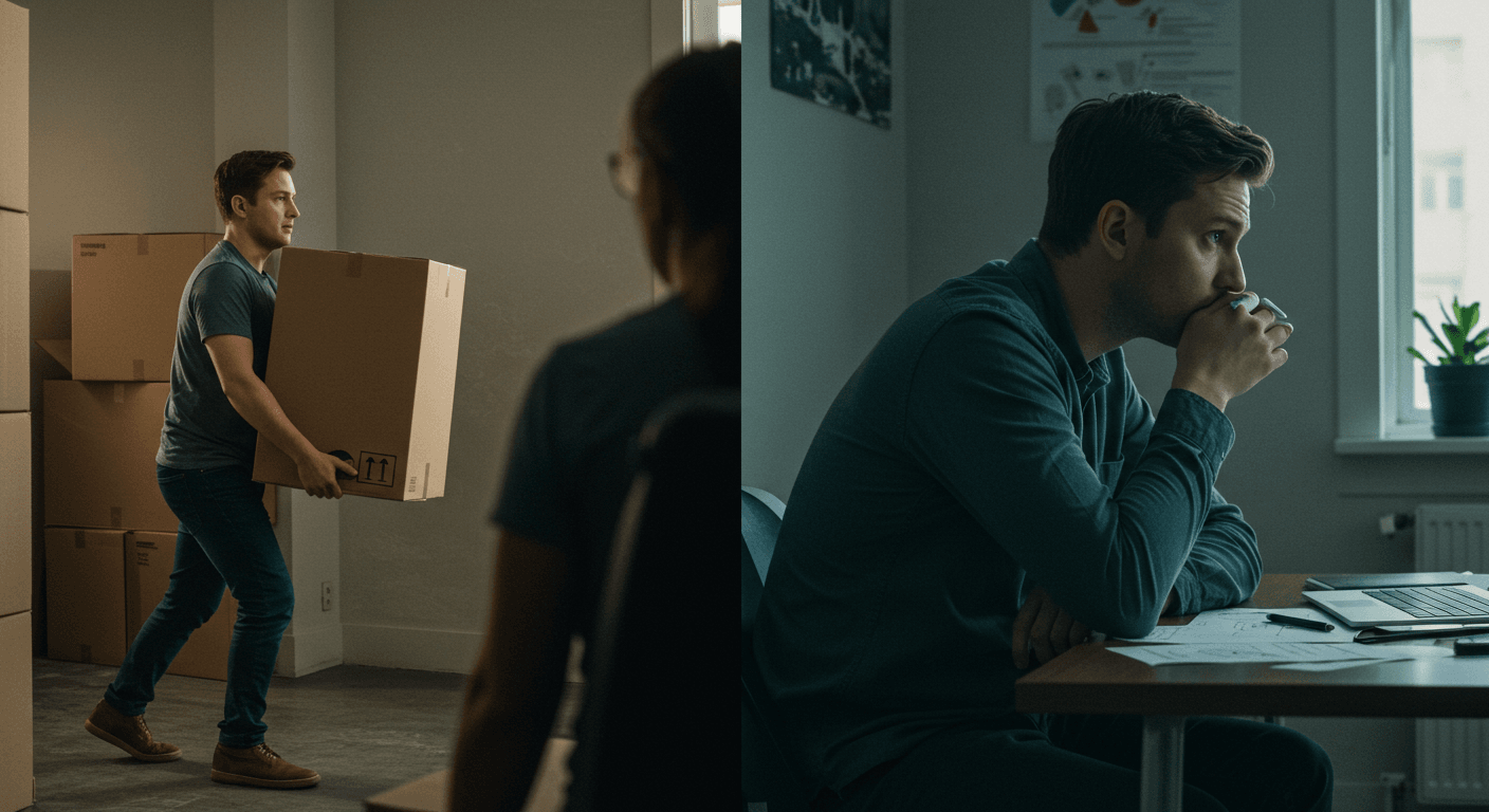 Homem ajuda outra pessoa com energia, mas hesita diante do próprio projeto, mostrando o contraste entre agir para os outros e procrastinar para si.