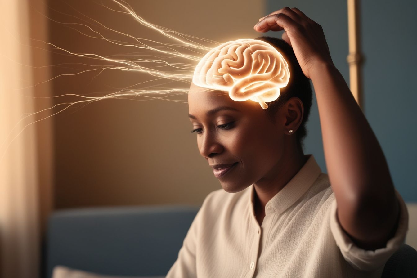 Mulher serena tocando a cabeça com cérebro iluminado, representando transformação mental e alívio da ansiedade. Mulher serena tocando a cabeça com cérebro iluminado, representando transformação mental e alívio da ansiedade.