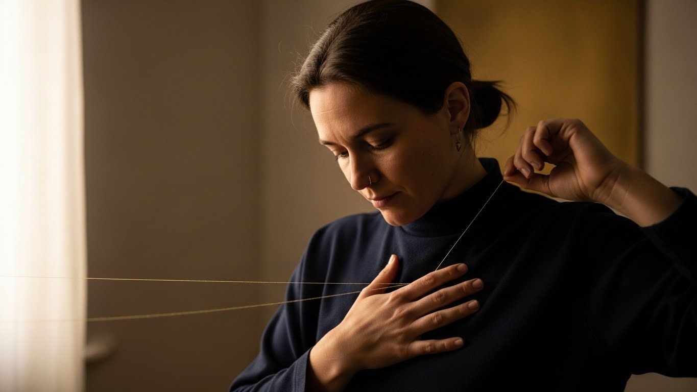 Mulher puxando um fio do próprio peito com cuidado, representando o ato consciente de soltar vínculos emocionais, padrões antigos e laços que já cumpriram seu ciclo.