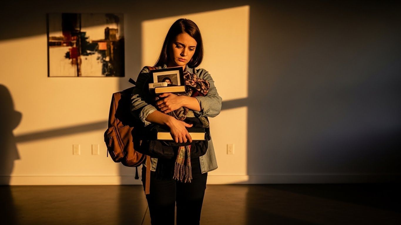 Mulher segurando vários objetos e fotografias contra o peito, com expressão cansada, iluminada pela luz do entardecer em um ambiente interno. Mulher segurando vários objetos e fotografias contra o peito, com expressão cansada, iluminada pela luz do entardecer em um ambiente interno.
