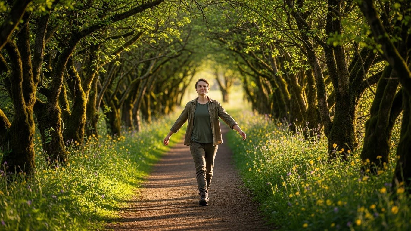 Mulhercaminhando com postura confiante por um caminho arborizado e iluminado, cercado por árvores verdes, simbolizando equilíbrio emocional, estabilidade interna e avanço consciente.