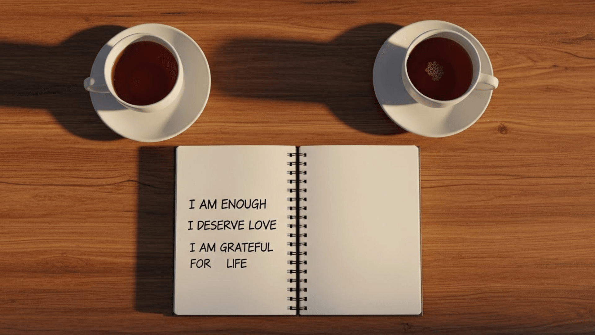 Caderno aberto com frases de afirmação ao lado de duas xícaras de chá, representando autocuidado, amor próprio e retomada da própria voz em relações afetivas.