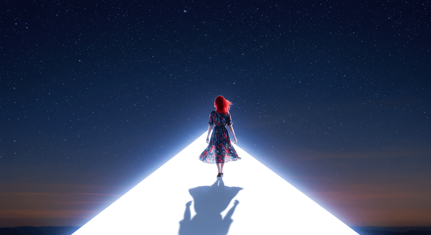 Mulher caminhando sobre ponte de luz em direção ao céu estrelado, deixando a sombra para trás, simbolizando crescimento e escolhas conscientes.