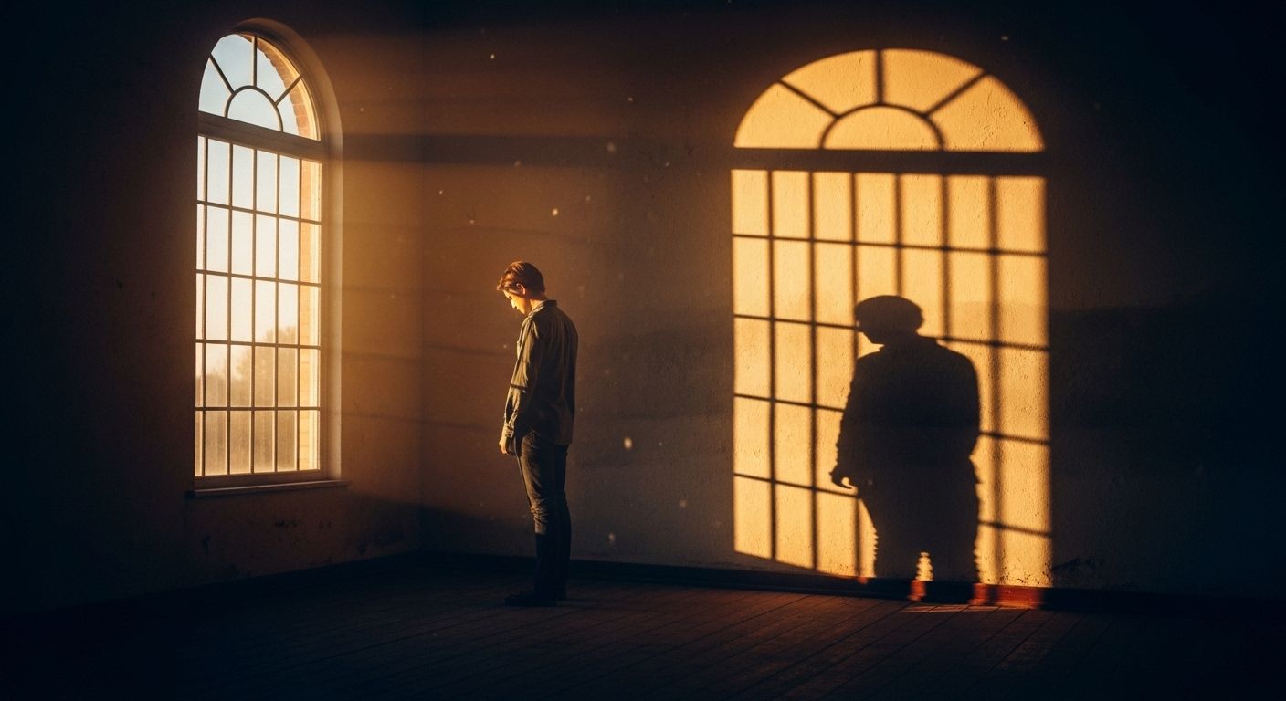 Pessoa em pé dentro de um cômodo iluminado pelo sol, olhando para baixo, com a própria sombra projetada na parede como se estivesse presa atrás de barras de janela.