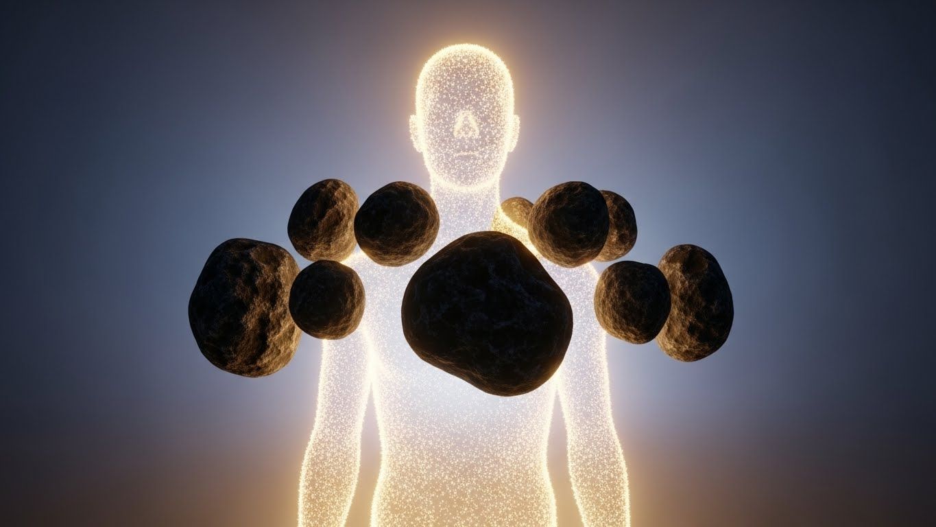 Silhueta humana luminosa cercada por pedras escuras flutuando sobre os ombros e o peito, simbolizando pesos emocionais. Silhueta humana luminosa cercada por pedras escuras flutuando sobre os ombros e o peito, simbolizando pesos emocionais.