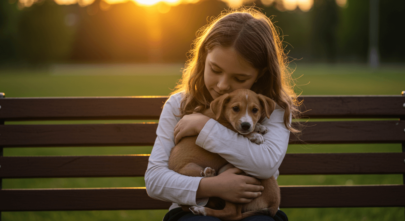 Menina abraçando um filhote em um banco ao pôr do sol, cena acolhedora que transmite compaixão e vínculo humano-animal.
