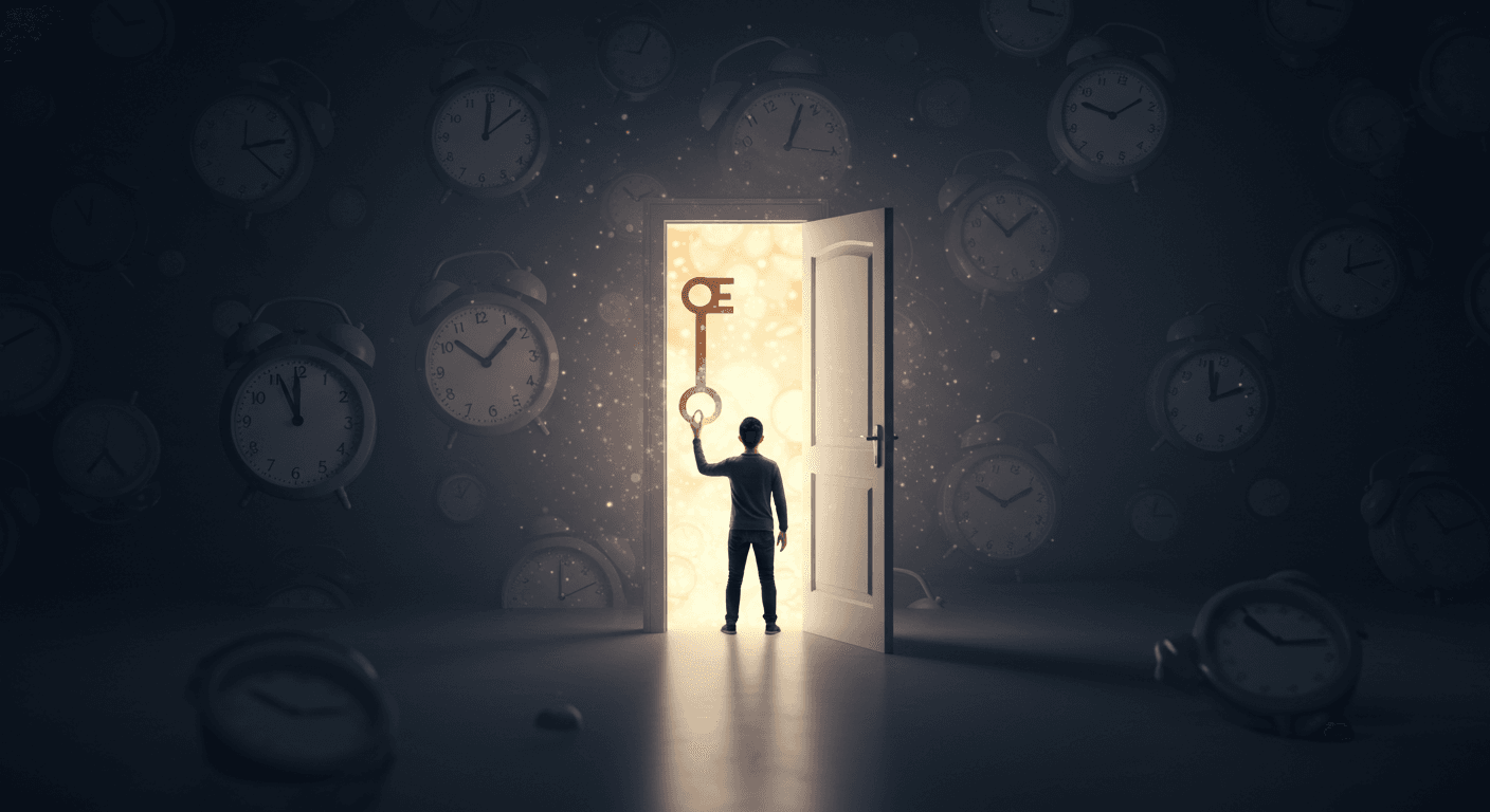 Pessoa diante de uma porta iluminada com chave dourada, cercada por relógios, representando superação da procrastinação e despertar do poder interior.