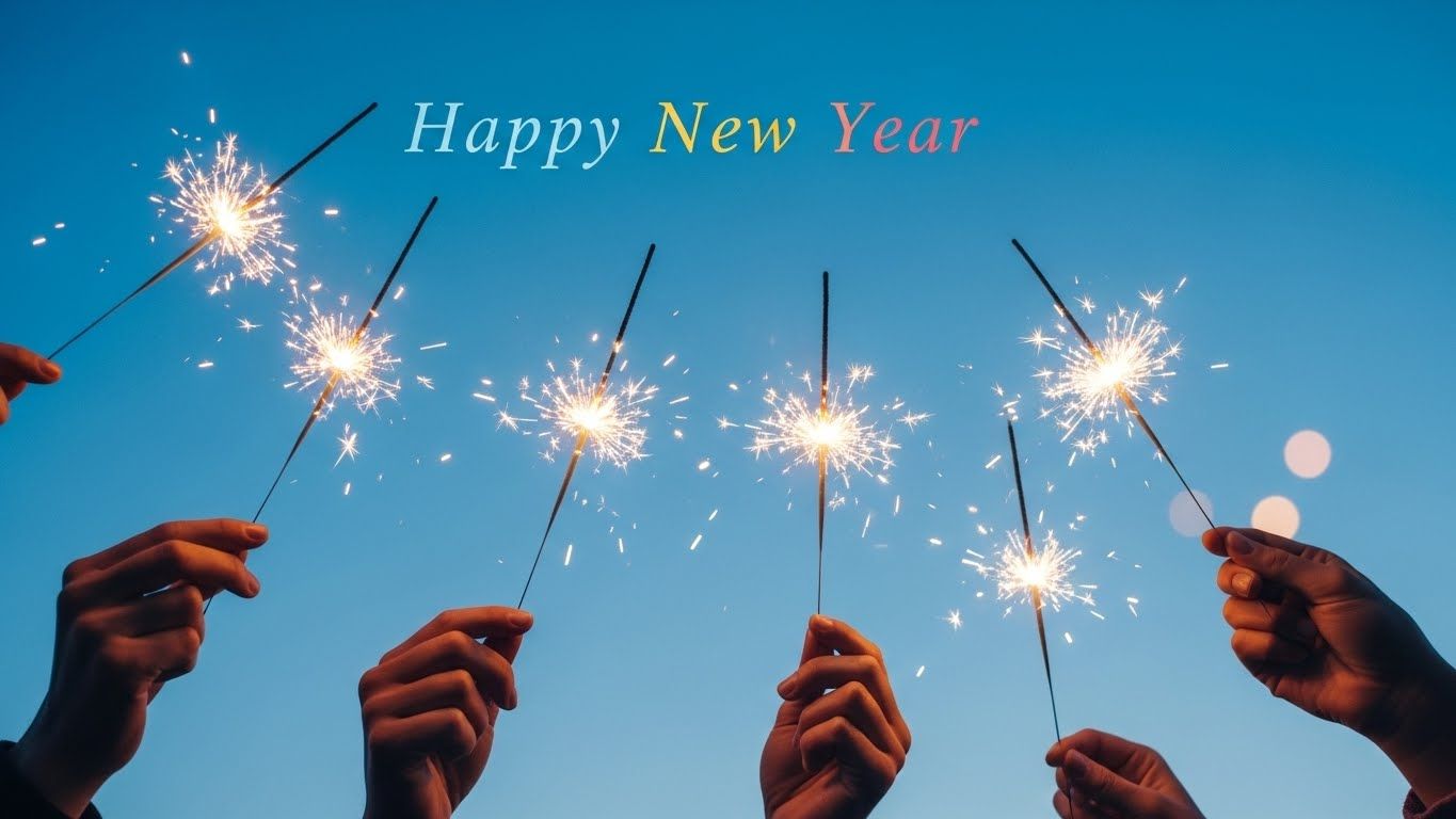 Mãos segurando palitos de faísca acesos contra um céu azul ao entardecer, simbolizando celebração, união e a virada do Ano Novo com energia positiva.
