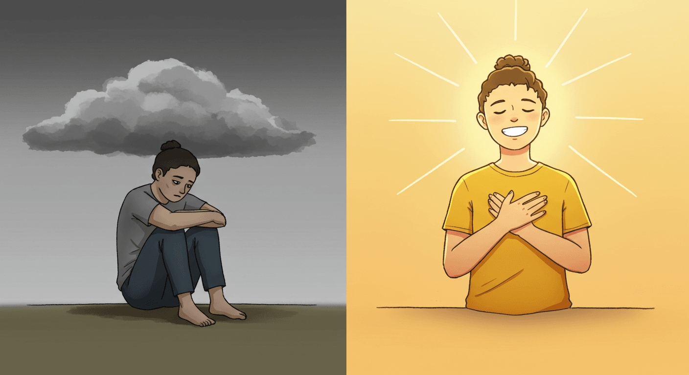 Ilustração dividida mostrando, de um lado, uma pessoa triste sob uma nuvem cinza e, do outro, sorridente irradiando luz e gratidão.