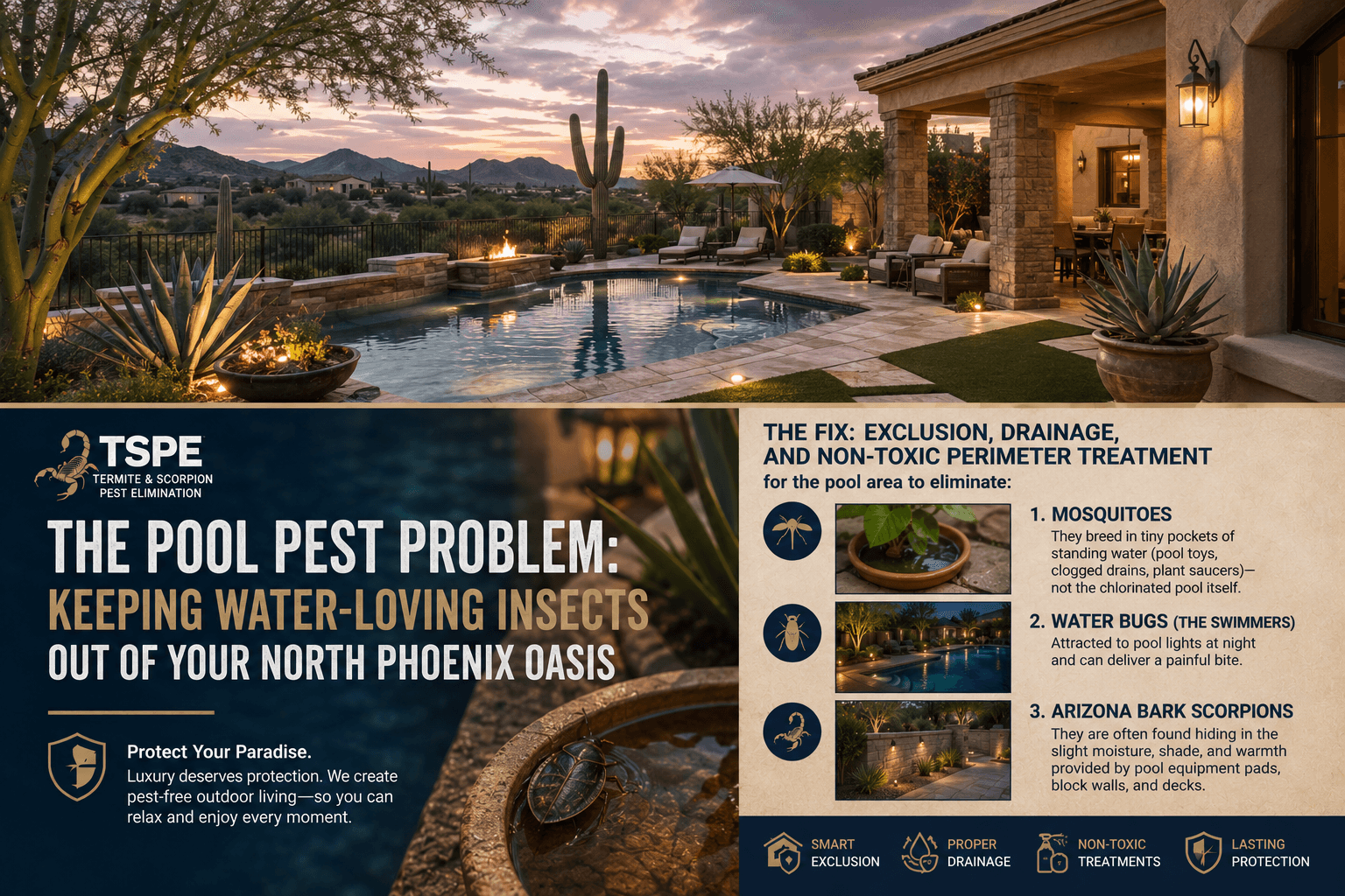 North Phoenix Valley desert backyard pool and equipment area illustrating common poolside pest problems, with a TSPE guide explaining prevention of mosquitoes, water bugs, and Arizona bark scorpions through exclusion, drainage, and non-toxic perimeter treatment. North Phoenix Valley desert backyard pool and equipment area illustrating common poolside pest problems, with a TSPE guide explaining prevention of mosquitoes, water bugs, and Arizona bark scorpions through exclusion, drainage, and non-toxic perimeter treatment.