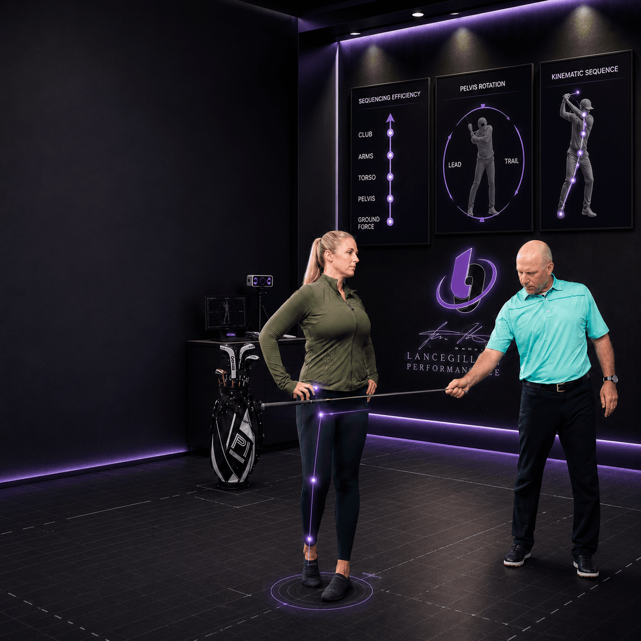 Lance Gill evaluating a golfer's pelvic rotation and sequencing efficiency during a golf performance assessment designed to identify physical limitations affecting power, distance, and consistency. Lance Gill evaluating a golfer's pelvic rotation and sequencing efficiency during a golf performance assessment designed to identify physical limitations affecting power, distance, and consistency.