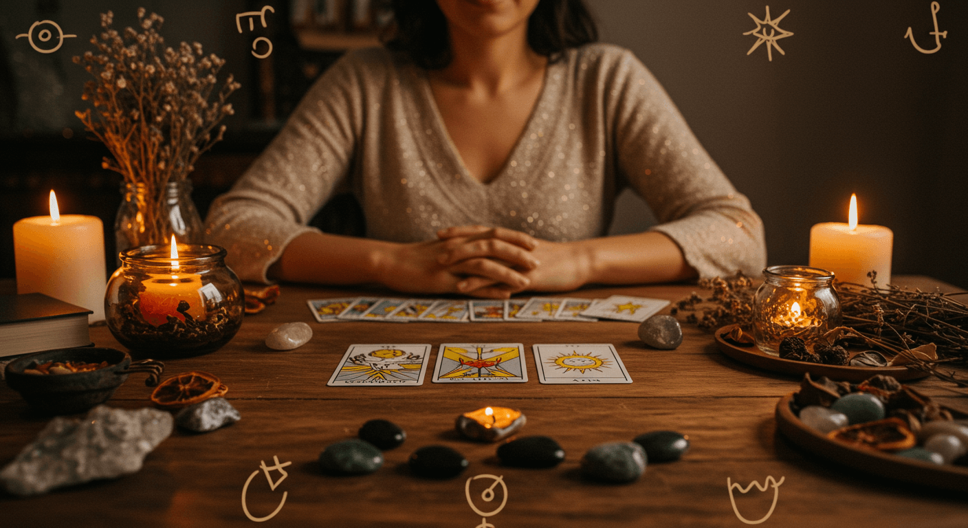 Mulher introspectiva diante de cartas de tarô, cercada por cristais, velas e elementos místicos, em ambiente acolhedor e iluminado. Mulher introspectiva diante de cartas de tarô, cercada por cristais, velas e elementos místicos, em ambiente acolhedor e iluminado.