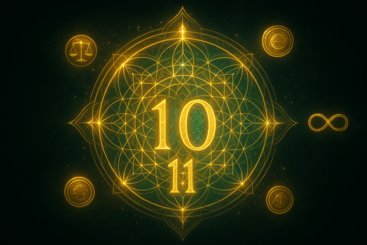 Mandala dourada com os números 10 e 11 em destaque, rodeada por símbolos sagrados, representando o equilíbrio entre encerramento de ciclos e despertar espiritual no Portal 10/10.