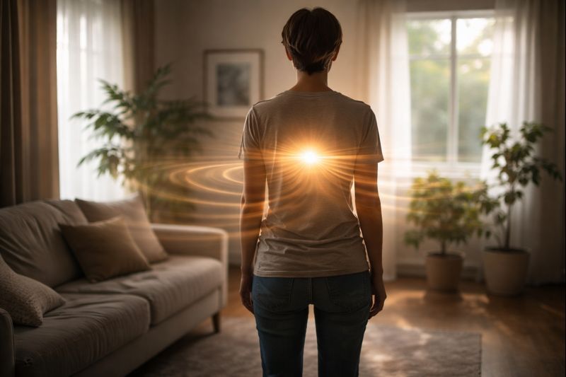 Pessoa em pé dentro de casa com luz no centro do peito, simbolizando mudança de hábito energético e como ajustes internos alteram emoções, frequência e atitudes diárias.