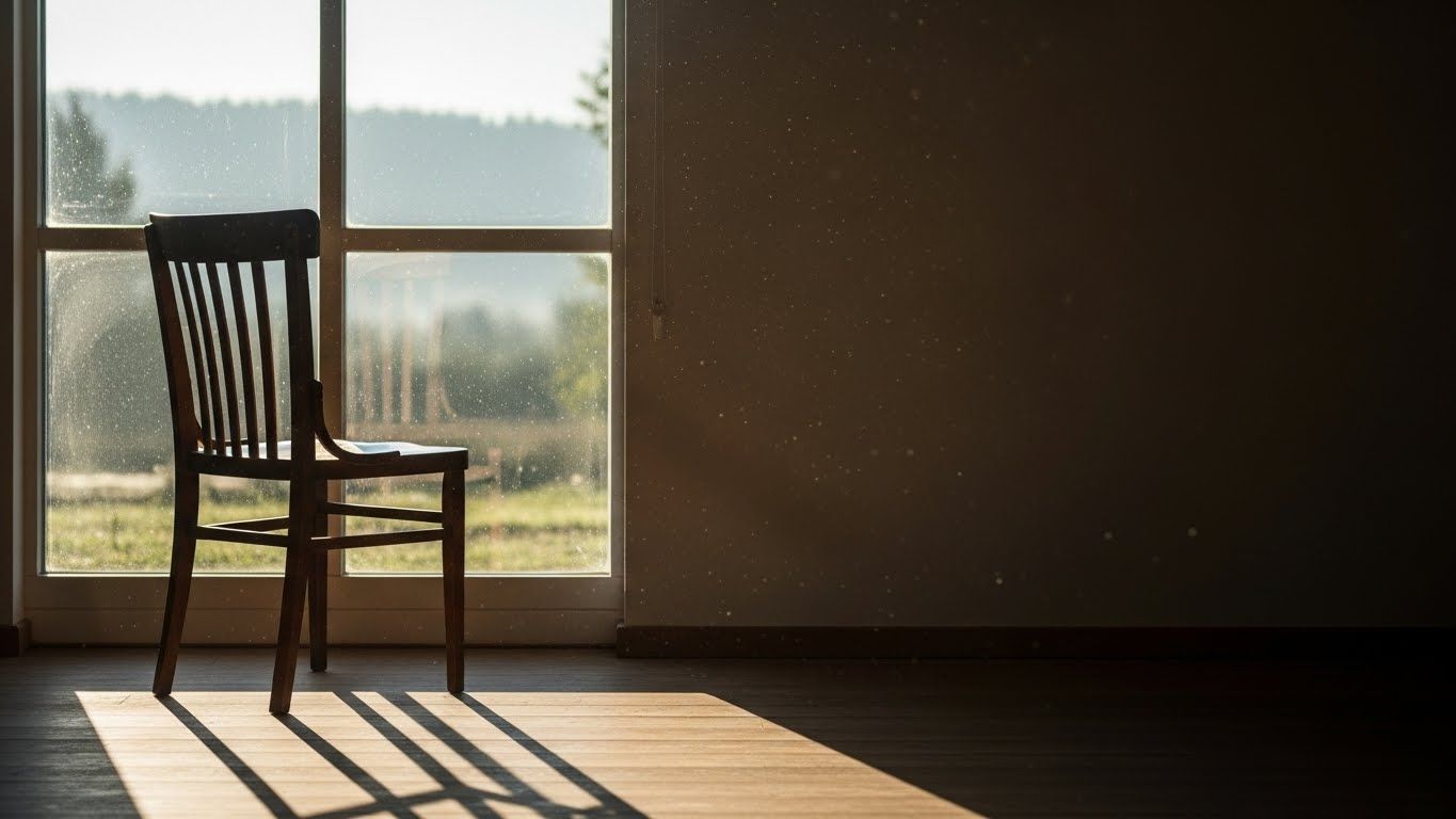 Cadeira vazia ao lado de uma janela iluminada pelo sol, transmitindo silêncio, ausência e o espaço que surge quando alguém para de insistir no que não permanece.