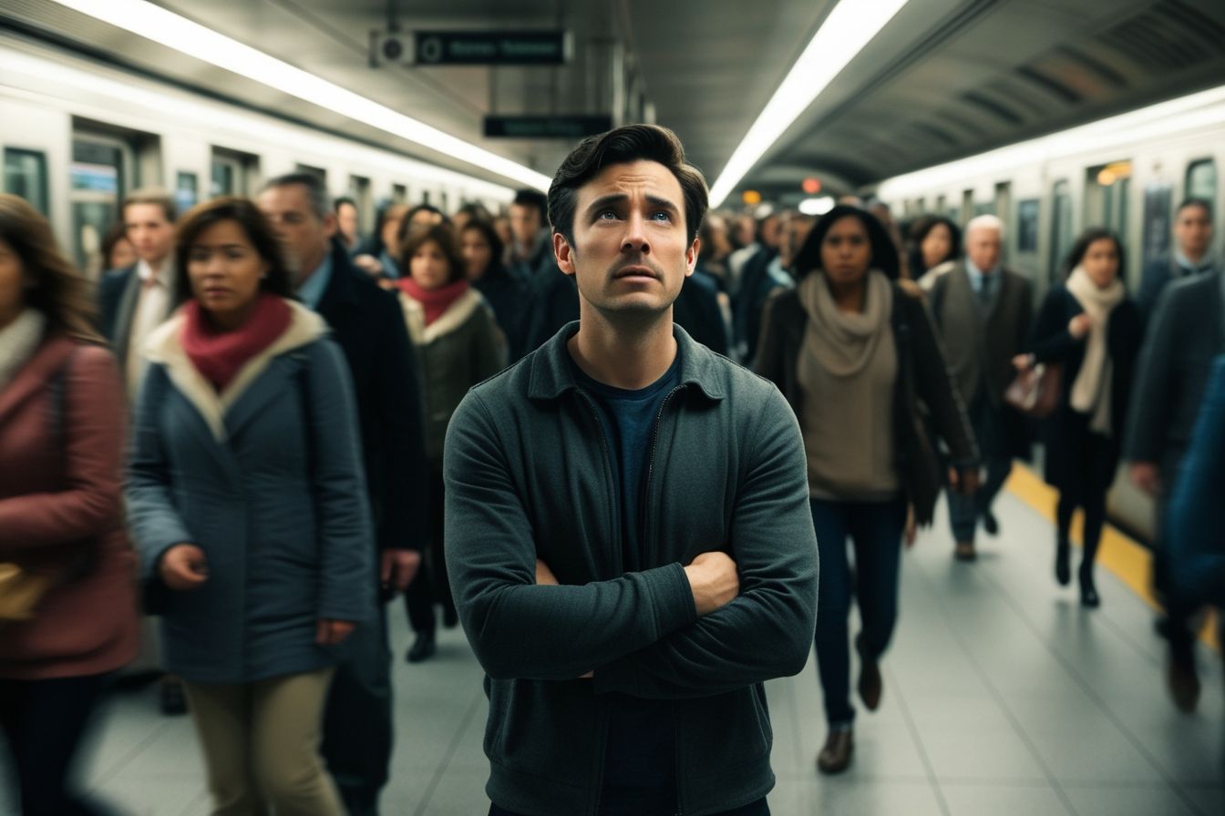 Homem parado em estação de metrô olhando para cima, como se tivesse perdido o trem, enquanto a multidão passa apressada ao seu redor.