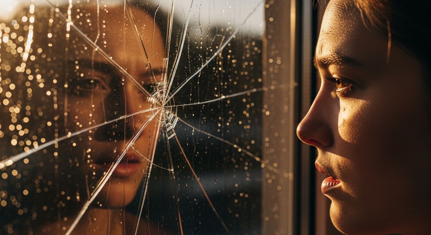 Rosto de uma mulher refletido em um vidro quebrado, com gotas de luz ao fundo, transmitindo sensação de fragmentação emocional e autorreflexão.